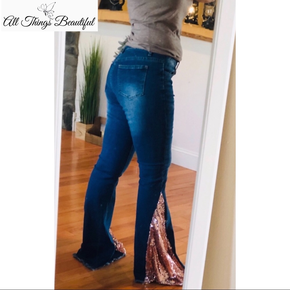 LAST PAIR SZ 2!•L&B ROSE GOLD BELLS Sequin Jeans - Picture 2 of 7